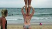 3 SEXY HOT BIKINI GIRLS DOING BUTT EXERCISE AT BEACH