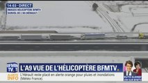 Les images des camions bloqués par la neige sur l’A9 depuis l’hélicoptère BFMTV
