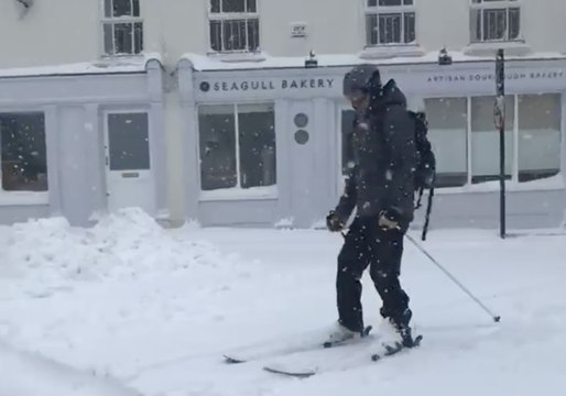 Man Skis Through Waterford as Heavy Snow Blankets City