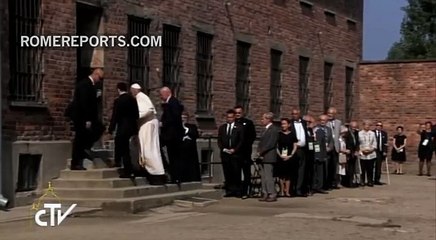The Pope prays at Saint Maximilian Kolbe's cell
