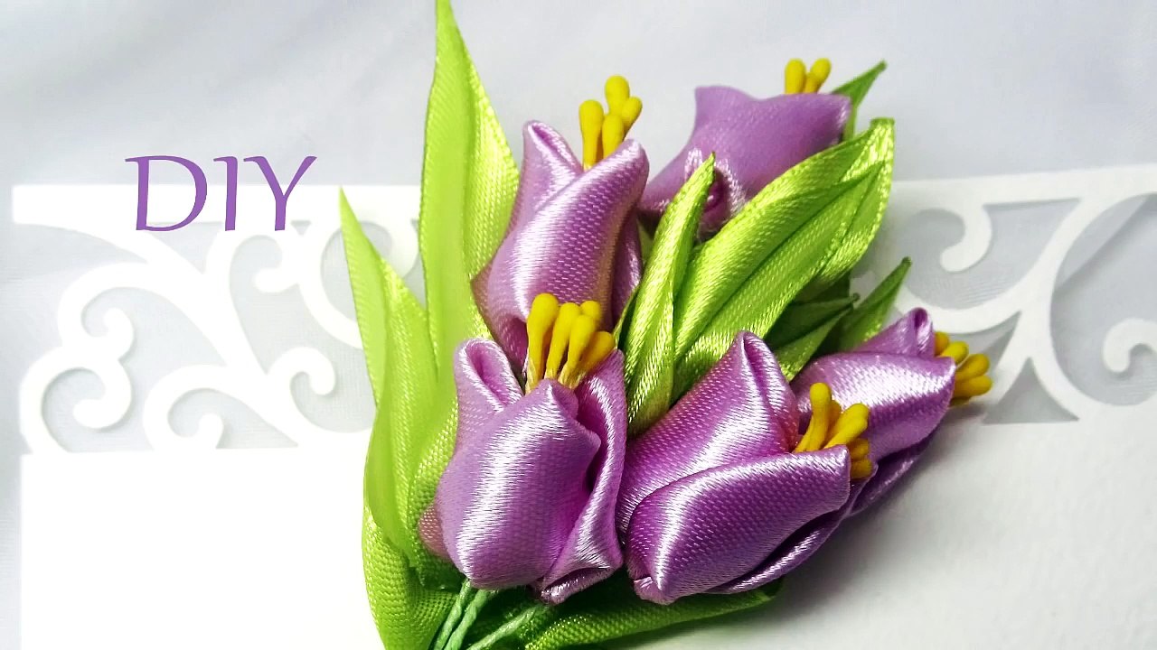 Букет канзаші тюльпани/Тюльпаны канзаши/Kanzashi Flowers tulip/tutorial