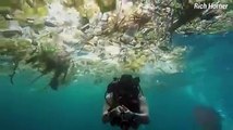 Un plongeur se filme nageant dans un océan de déchets