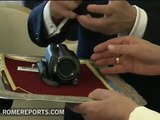 Taro Aso, Prime Minister of Japan gives a video camera to the pope