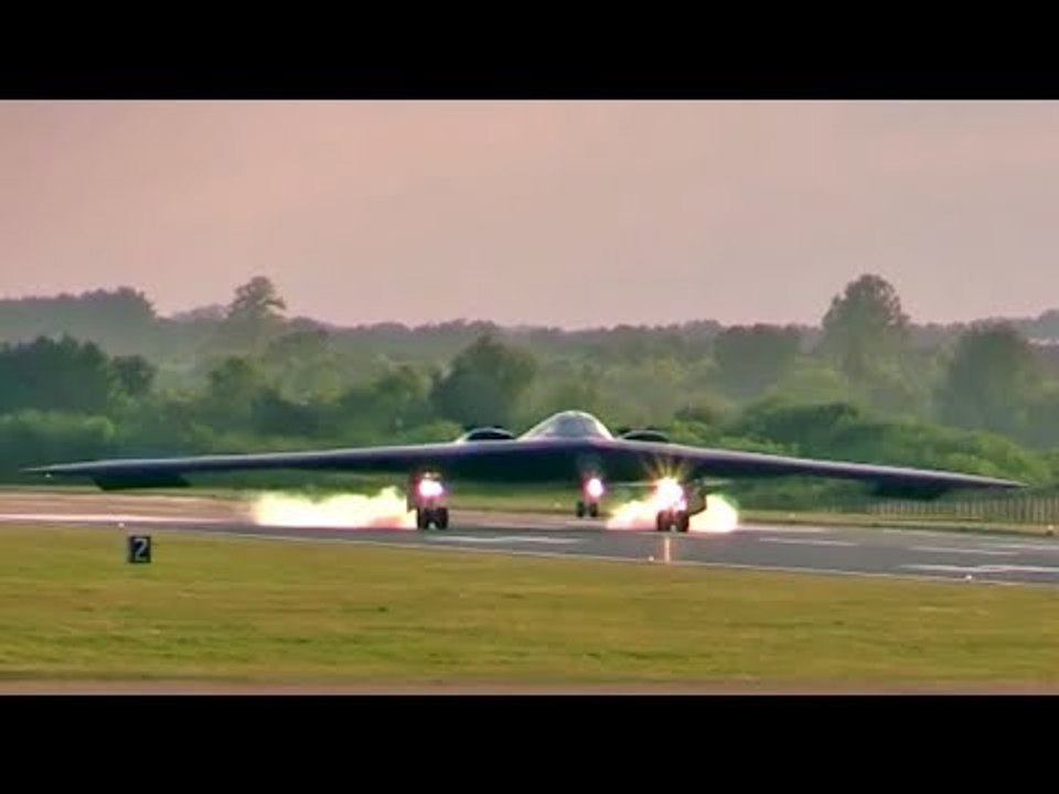 B-2 Stealth Bomber Landing & Takeoff. Hot-pit Refueling.