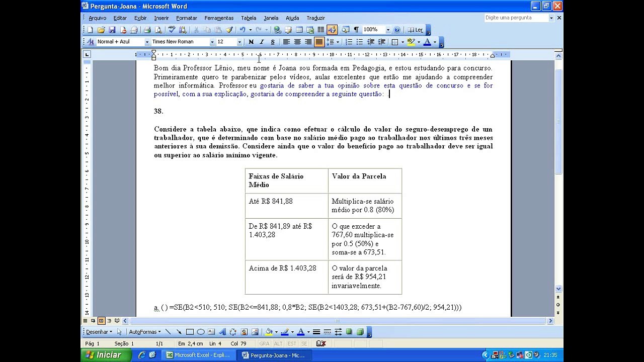 0026-Excel-Explicação de questão de concurso-Seguro desemprego