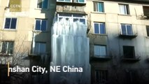 Water leaking from building freezes into 10m waterfall in NE China