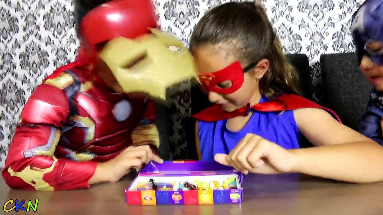 Superhero BEAN BOOZLED CHALLENGE Jelly Belly Fun Games With Supergirl Ironman Ckn Toys