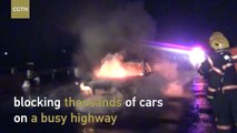 Burnout: Car bursts into flames on Jiangsu highway