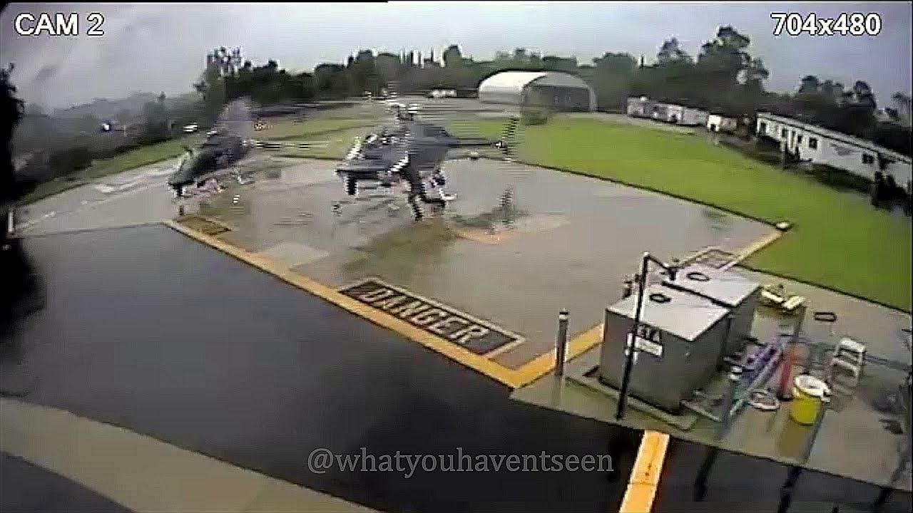 Un hélicoptère se pose trop près d'un autre hél...