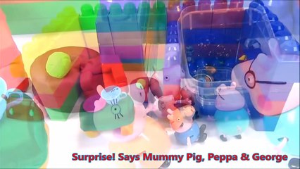 Peppa Pig & family find play doh slime surprise toy friends in their house of blocks – learn