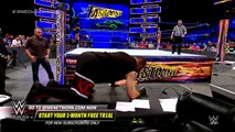 John Cena sends AJ Styles crashing through the announce table_ WWE Fastlane 2018 (WWE Network)