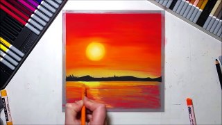Red sunset drawing with pastel pencils | Leontine van vliet