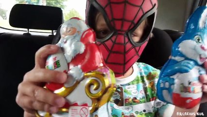 Playground Fun, Kinder Surprise Bunny and Santa: Opening in a Car by Spider-Man
