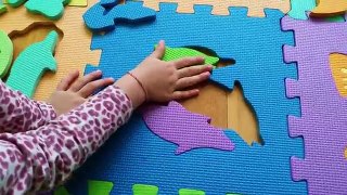 Puzzle for kids. Animals, fruits and vegetables. Children like this toys and learn how puzzle make