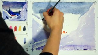 Winter Landscape. Step by step easy watercolor tutorial