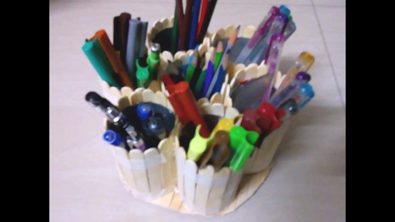 DIY_ How to make pen stand with 7 compartments using popsicle sticks_ice cream s