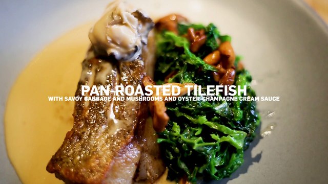 Pan-Roasted Tilefish with Savoy Cabbage and Mushrooms and Oyster-Champagne Cream Sauce