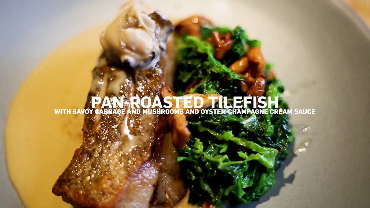 Pan-Roasted Tilefish with Savoy Cabbage and Mushrooms and Oyster-Champagne Cream Sauce