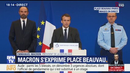 Aude: Macron salue le courage de l'officier luttant "contre la mort" qui "a sauvé des vies"