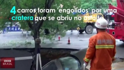 Buraco surge de repente e engole 4 carros na China