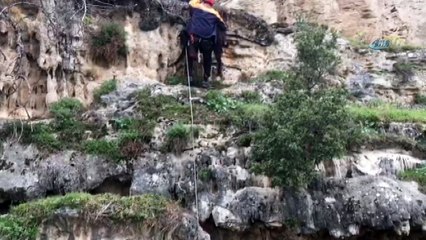 Honaz’da kayalıklarda mahsur kalan keçi halatla kurtarıldı
