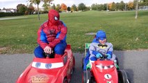 Kid Car Race POWER WHEELS Playtime at the Park DISNEY CARS MCQUEEN Spiderman Egg Surprise Toys