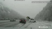 Dashcam catches car sliding into trooper on snowy Utah highway