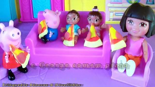 Peppa Pig George Dora a Aventureira e os Gêmeos comem Pizza de massinha Play-Doh