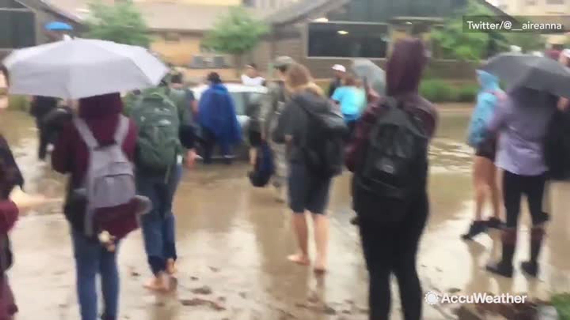 ⁣Heavy rain floods Texas A&M campus