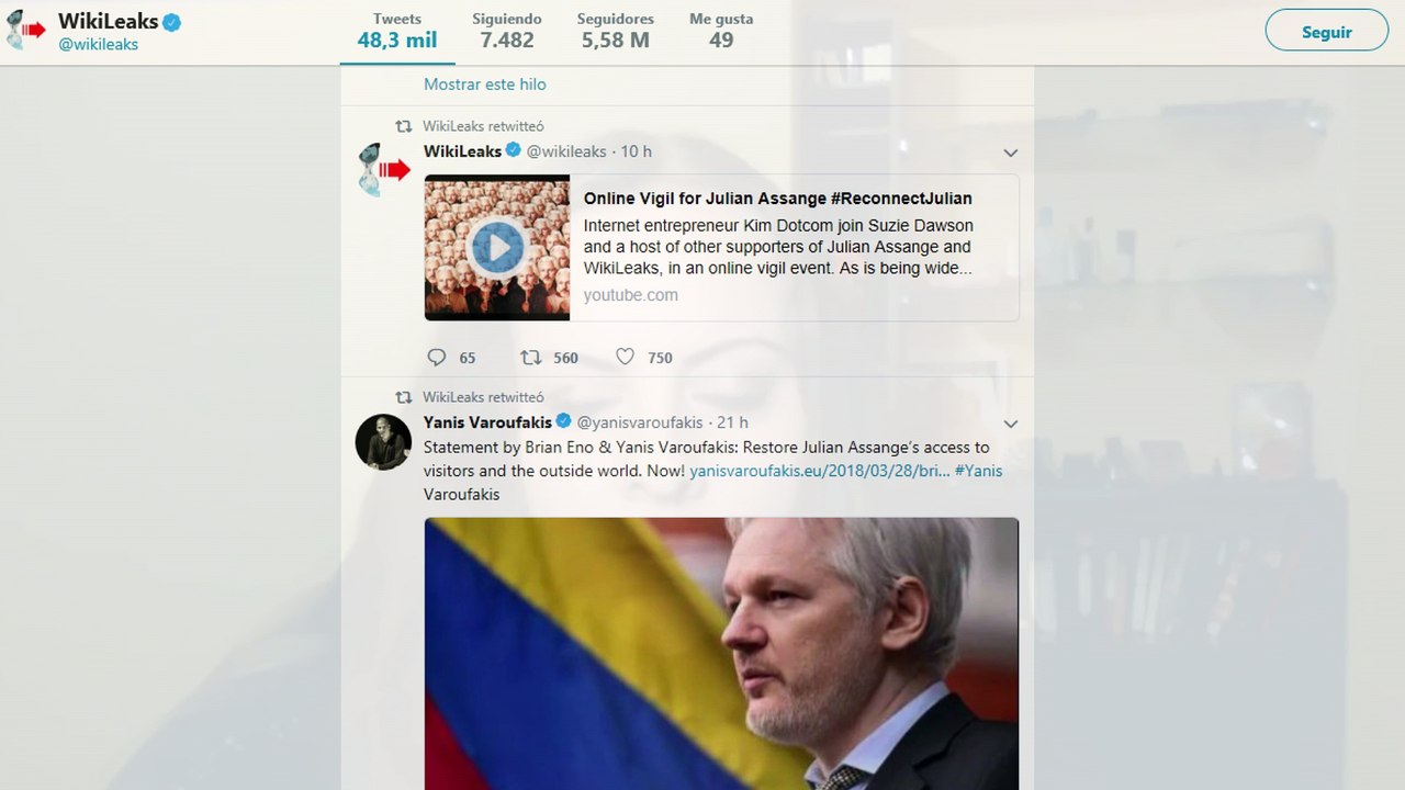 Wikileaks convoca una "vigilia online" por Assange
