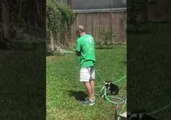 Man Blissfully Ignores Dog Attacking His Garden Hose