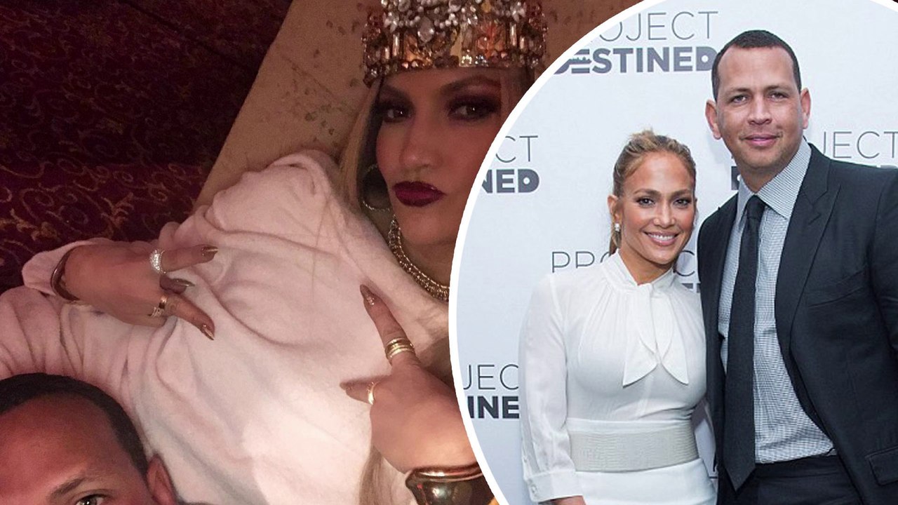 Running him ragged! Exhausted Alex Rodriguez cuddles up to glam Jennifer Lopez in late night selfie after a long day on set.