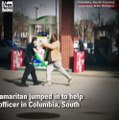 A bystander saw a female officer struggling to arrest a combative suspect and quickly jumped in to tackle him to the ground