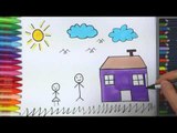 Çocuk Ev Güneş Bulut nasıl çizilir - Çizelim Boyayalım