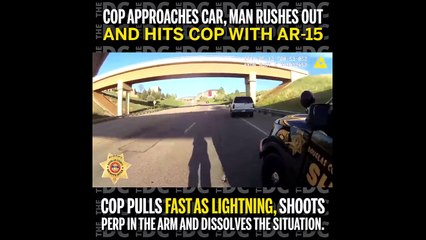 he didn't even need ANY time to aim at the perp after being knocked to the ground