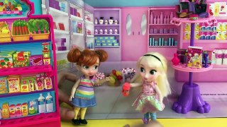 Grocery Shopping! Elsa & Anna kids shop at Barbies Grocery Store +Barbie Car +Candy Haul Disaster!