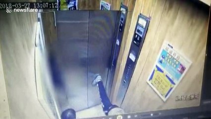 Boy doing stretches in elevator ends up destroying door