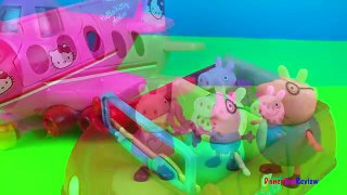 Peppa Pig Daddy pig and George fly a pink airplane to visit Hello Kitty play doh play