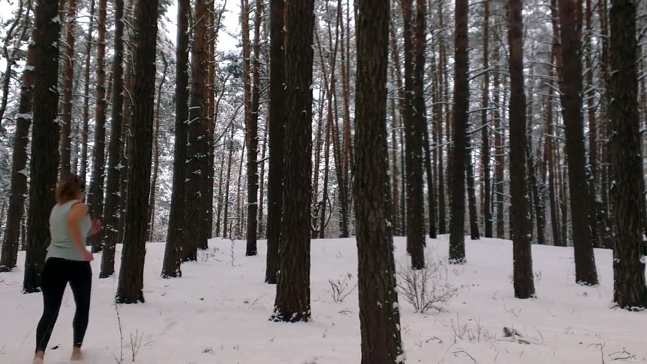 Woman Workout in Winter Forest Sit-ups and Plank