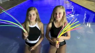 Glow in the Dark Swimming Pool Challenge ~ Jacy and Kacy