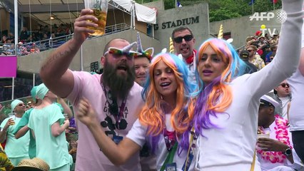Boozy fans let it all out with fancy dresses for Rugby Sevens