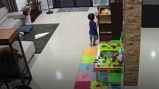 This kid escaped the worst, almost crushed by a cabinet