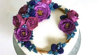 HOT CAKE TRENDS Buttercream roses and berries flower wreath cake - How to make by Olga Zaytseva