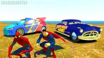 Superheroes Superman Spider man drives a Cars Raoul Caroule and Hudson Hornet