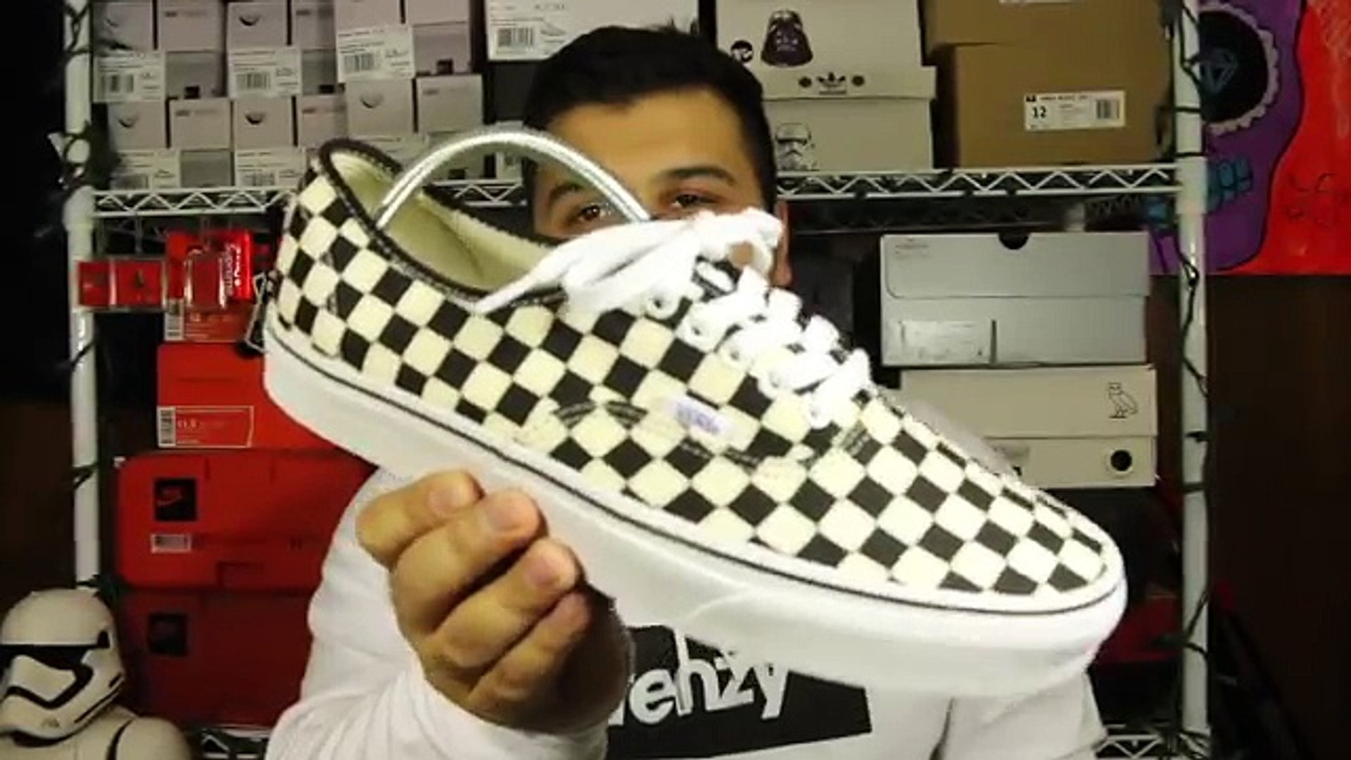 vans authentic checkerboard on feet