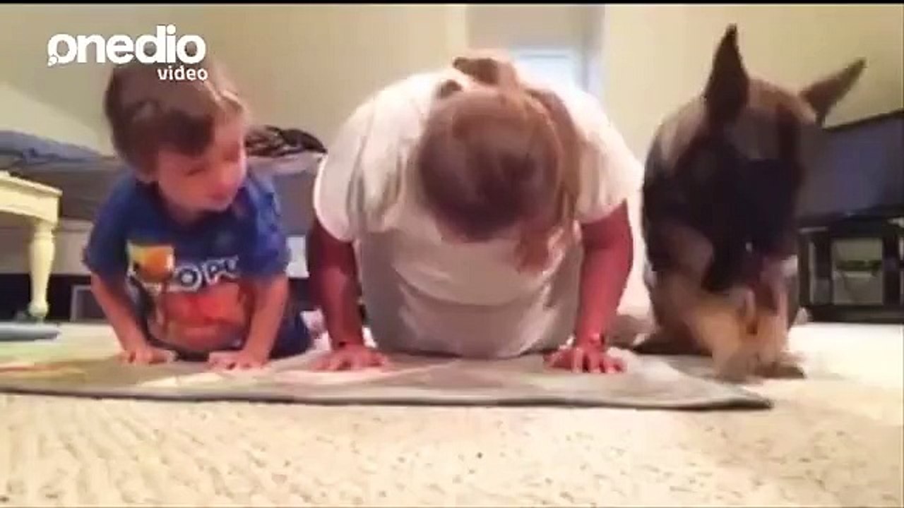 Anne ve çocuğuyla birlikte şınav çeken köpek