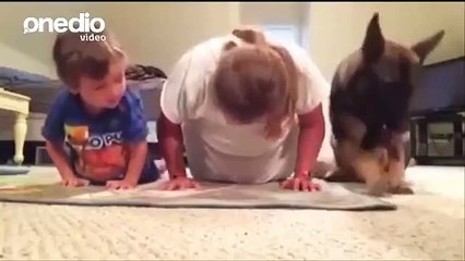 Anne ve çocuğuyla birlikte şınav çeken köpek