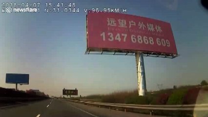 Flying tyre comes out of nowhere and smashes into windscreen