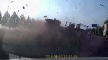 Dash-cam captures incredible cement mixer crash in China