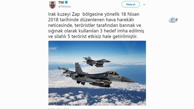 Türk Silahlı Kuvvetleri, Kuzey Irak'ın Zap bölgesine yönelik 18 Nisan 2018 tarihinde düzenlenen hava harekatı neticesinde, teröristler tarafından barınak ve sığınak olarak kullanılan 3 hedefin imha edildiğini ve silahlı 5 teröristin etkisiz